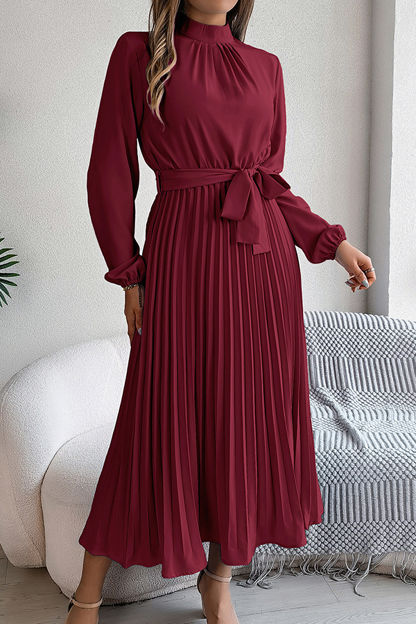 Elegant Stand-collar Long-sleeve Waisted Tie-up Pleated Midi Dress-consonak
