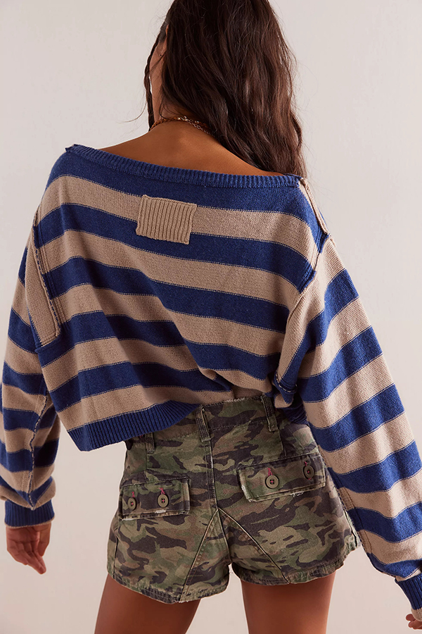 Striped Print Crew Neck Long Sleeve Loose Knitted Sweater-consonak