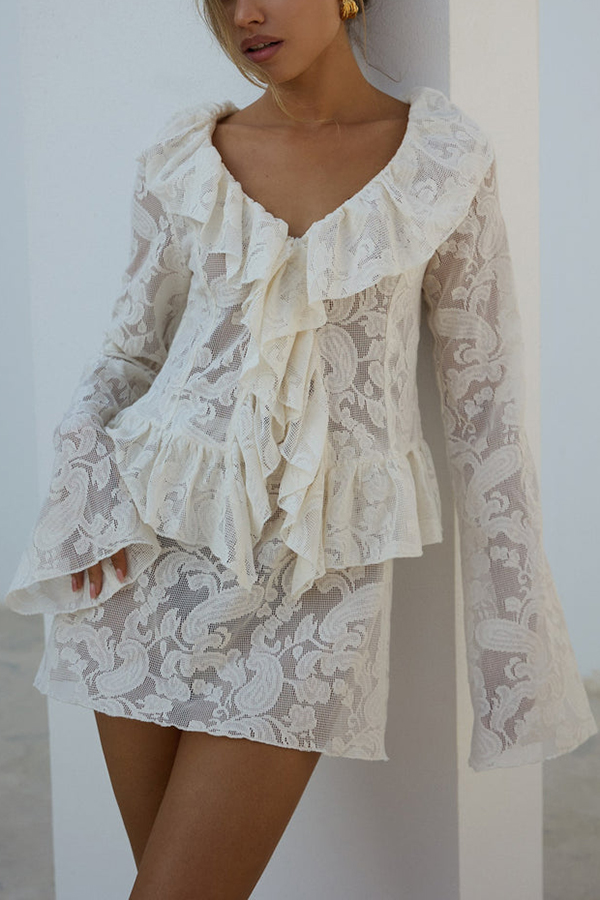 Feel Fabulous Ruffle Lace Long Sleeve Blouse and Mid Rise Elastic Waist Mini Skirt Set-consonak