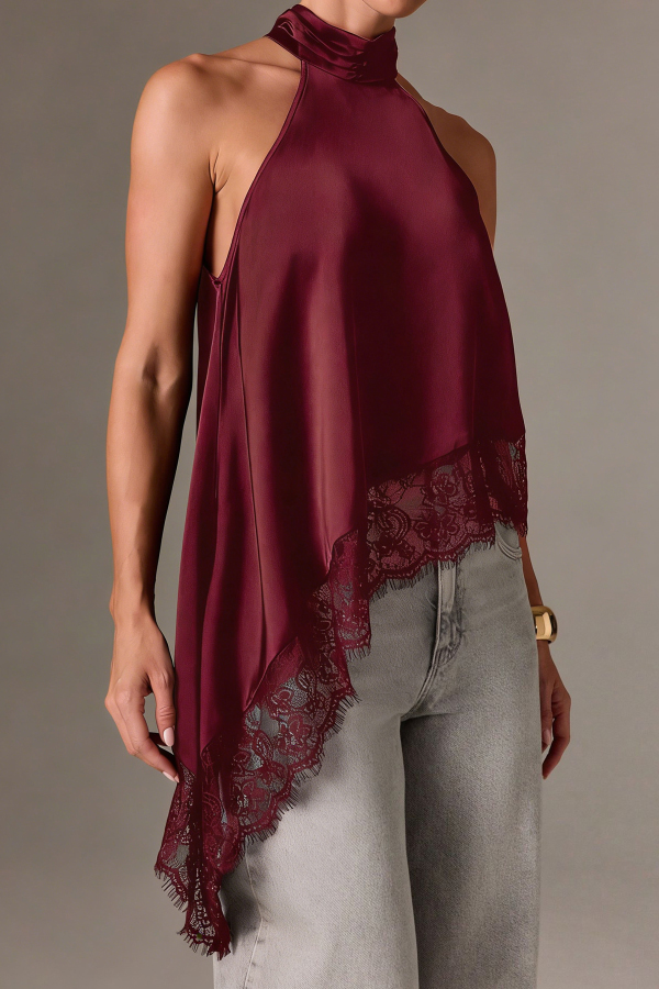 Solid Color Satin Sleeveless Lace Hem Loose Top