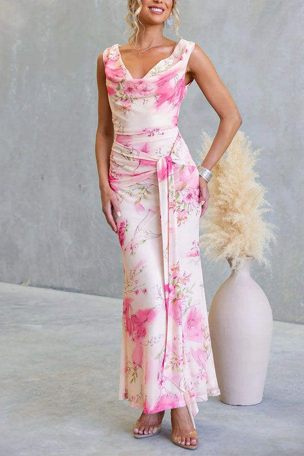 Floral Dreamy Draped Neck Mesh Wrap Dress-Consonak