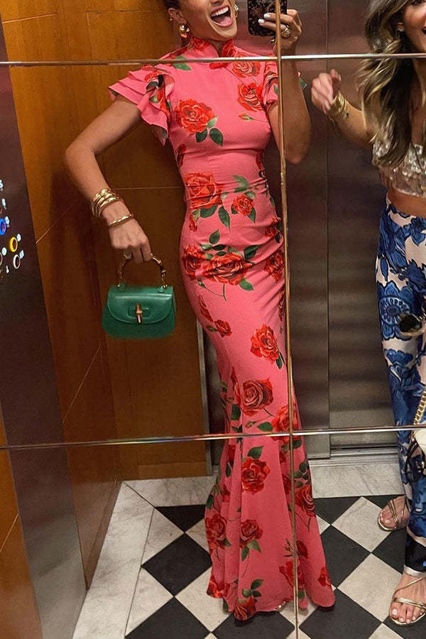 Elegant party cheongsam style rose print layered flared sleeve elastic long skirt-consonak