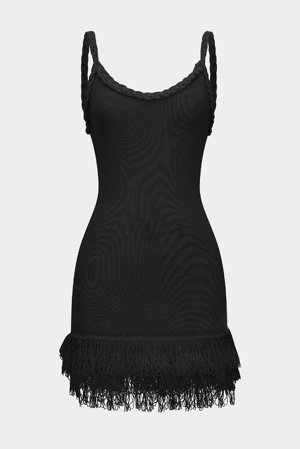 Solid Color Cable Camisole Slim Fit Tassel Knit Mini Dress-consonak