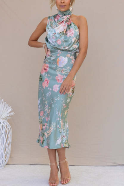 Wine Country Dates Floral Halter Neck Elastic Waist Party Midi Dress-consonak