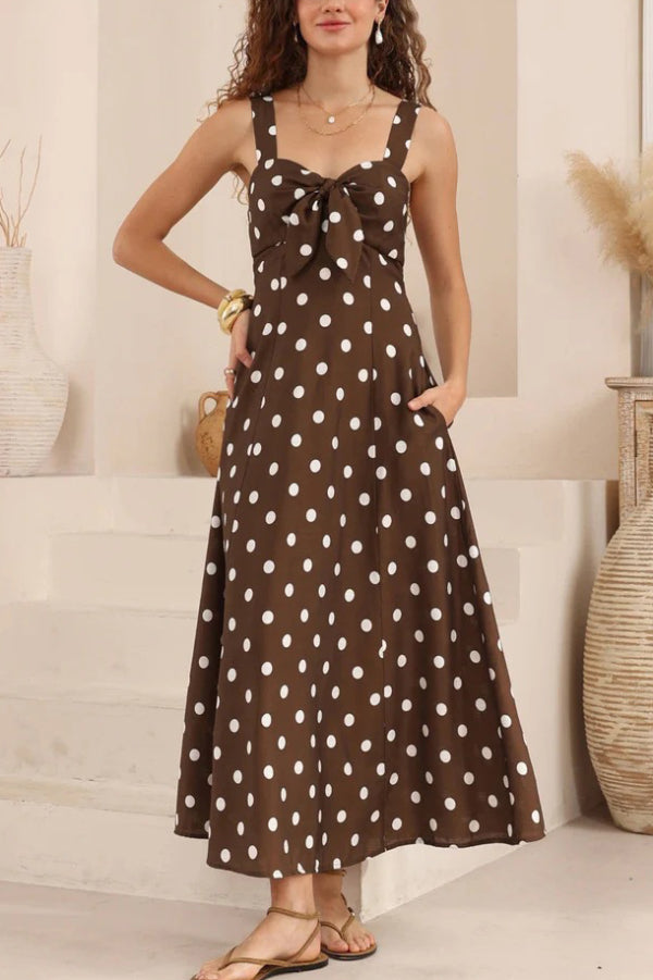 Polka Dot Print Back Pleated Casual Pocket Holiday Maxi Dress-consonak