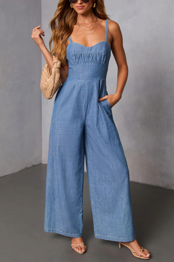 Solid Color Sleeveless Backless Casual Pocket Faux Denim Wide-leg Jumpsuit