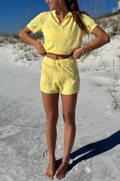 Solid Color Loose Short-sleeved Openwork Top and Elastic Waist Casual Knit Shorts Cover-up Set-consonak