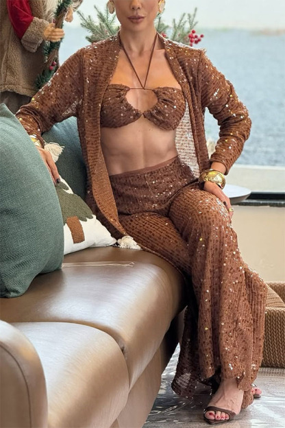 Seaside Whisper Sequin Open Front Long Sleeve Loose Cover-up