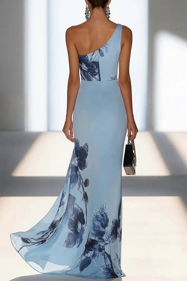 Floral Print One-shoulder Sleeveless Elegant Slim-fit Maxi Dress | Consonak