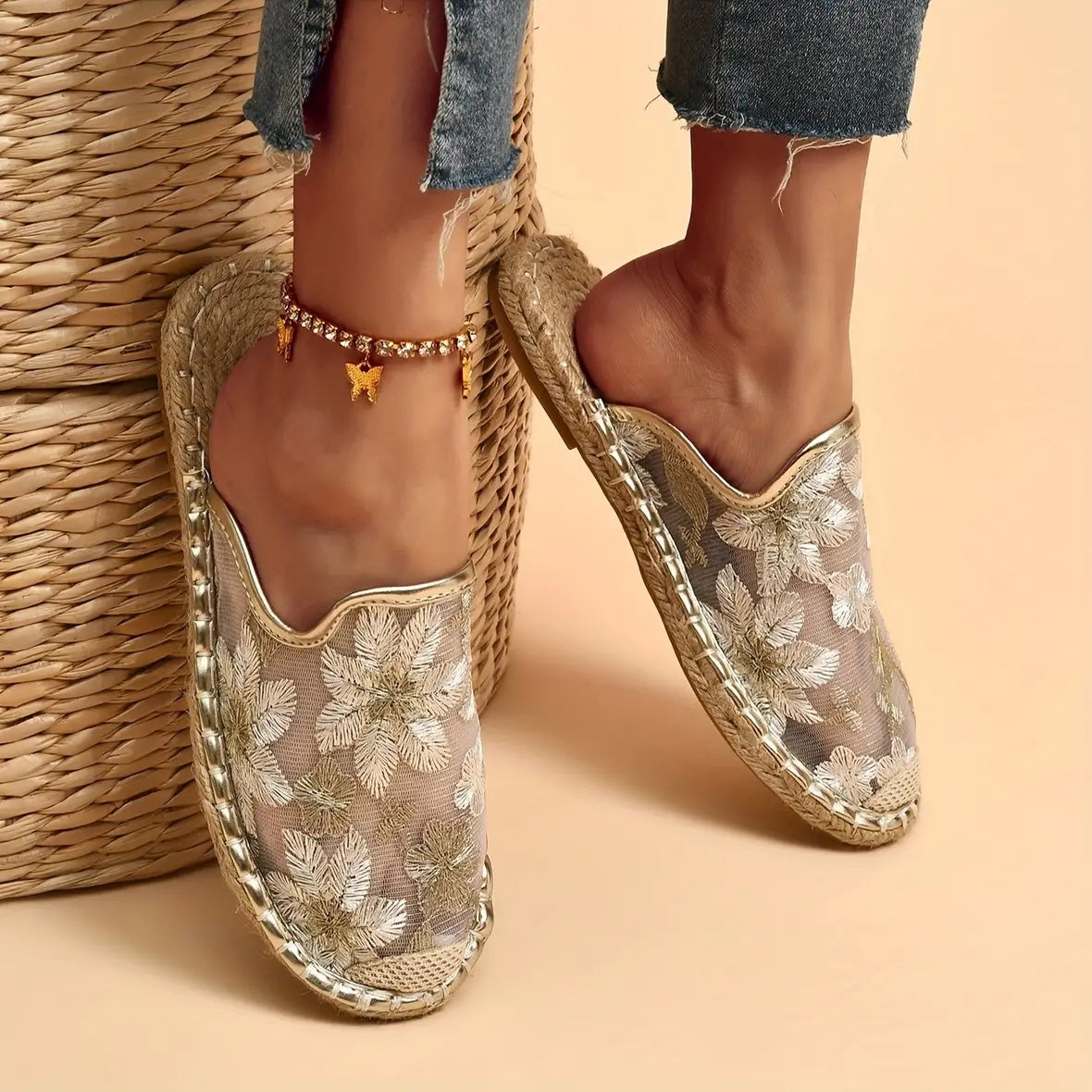 Casual Linen Woven Flat Round Toe Half Slippers-consonak
