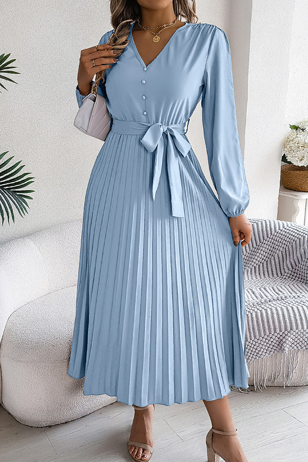 Solid Color Elegant V-neck Buttoned Lace-up Pleated Maxi Dress-consonak