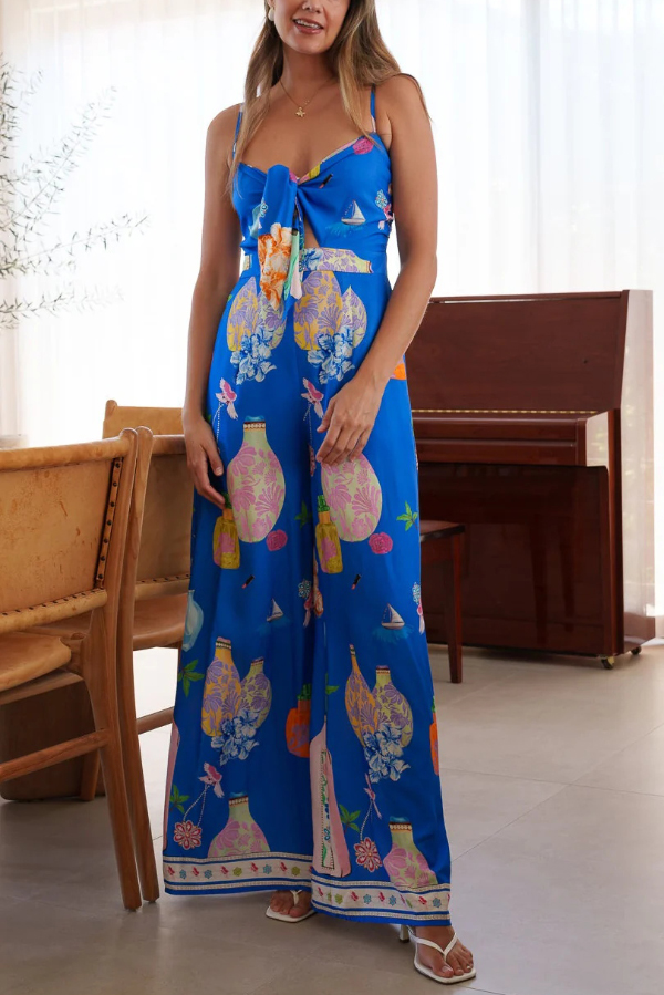 Unique Printed Sleeveless Spaghetti Strap Casual Vacation Loose Wide-Leg Jumpsuit