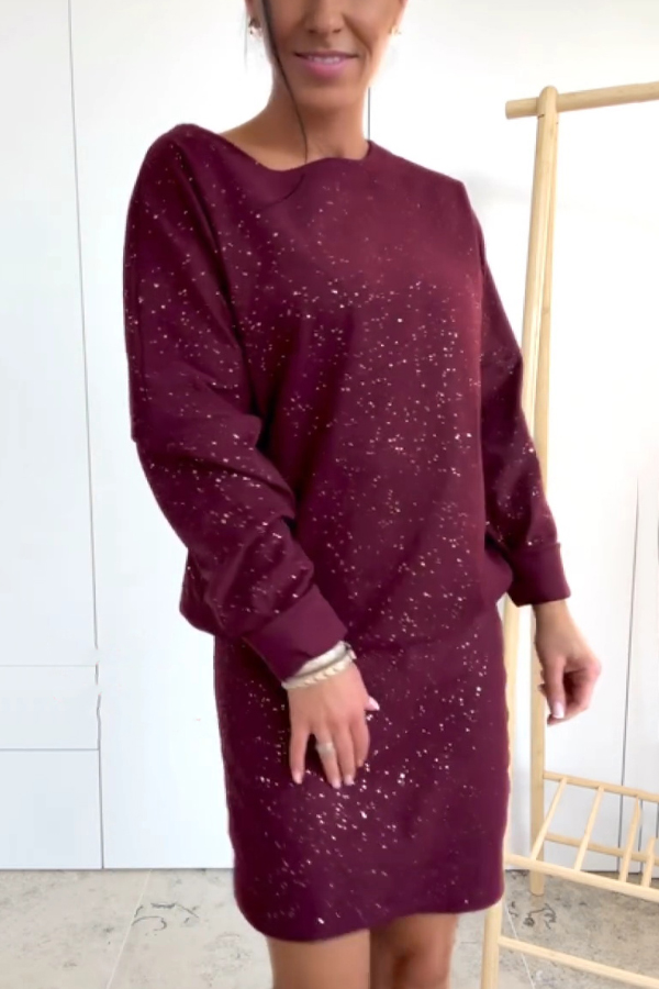 Solid Color Sparkly Round Neck Long Sleeve Casual Mini Dress