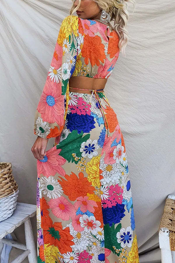 Bloom Forever Floral Print Cutout Elastic Waist Maxi Dress-consonak