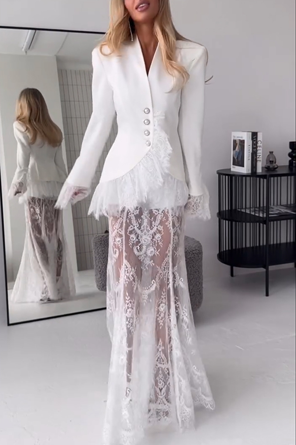 Queen Time Court-style Lace High Rise Elastic Waist Flare Maxi Skirt-consonak