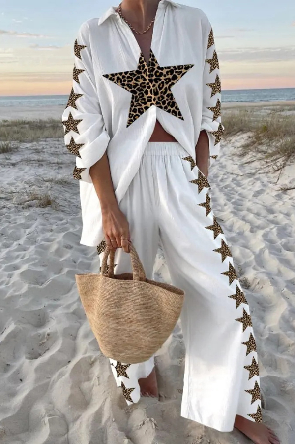 Leopard Five-pointed Star Print Oversized Shirt and Elastic Waist Pocket Pants Set