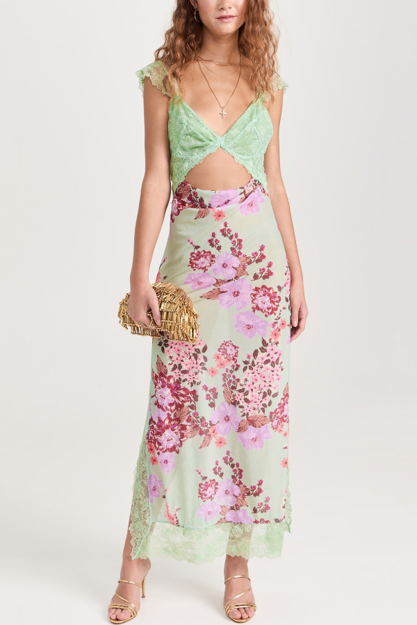 Floral Print Lace Patchwork Hollow-out Slim-fit Midi Dress-consonak