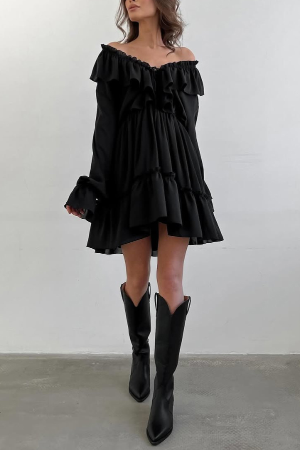 Solid Color V-neck Ruffled Ruched Long-sleeved Vacation Mini Dress | Consonak
