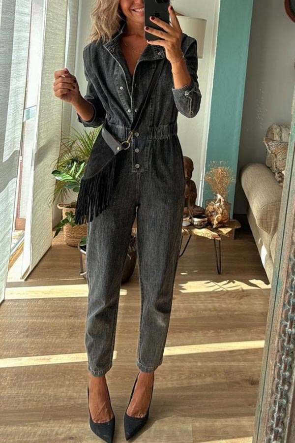 Carey Denim Button Up Long Sleeve Elastic Waist Pocketed Loose Jumpsuit-consonak