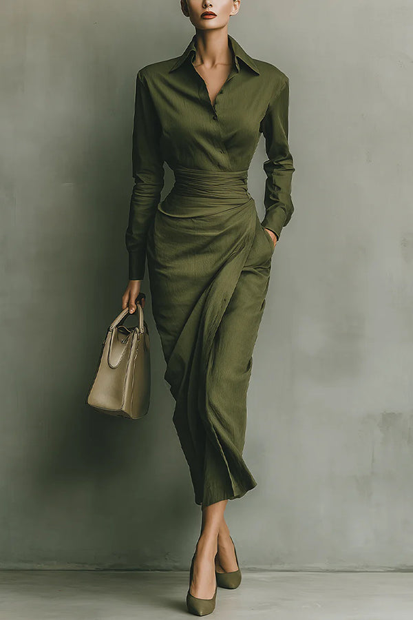 Solid Color Lapel Long Sleeve Pocket Slim-fit Asymmetrical Midi Dress-consonak