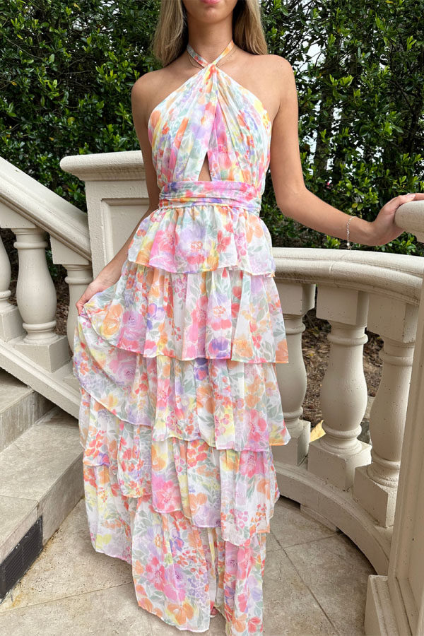 Harmony Floral Print Tiered  Ruffle Cross Halter Backless Vacation Maxi Dresses-consonak