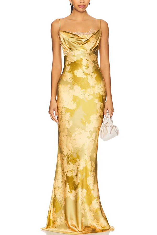 Cleodora Satin Floral Lace Cowl Neck Detachable Corset Slip Drape Maxi Dress | Consonak