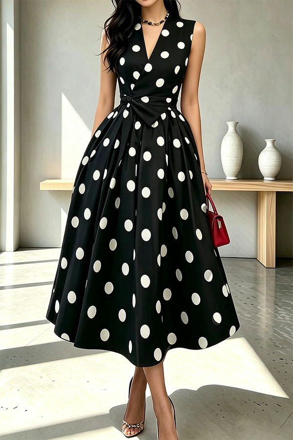 French Vintage Style Polka-dot Print Sleeveless Tie Waist Detail Midi Dress-Consonak