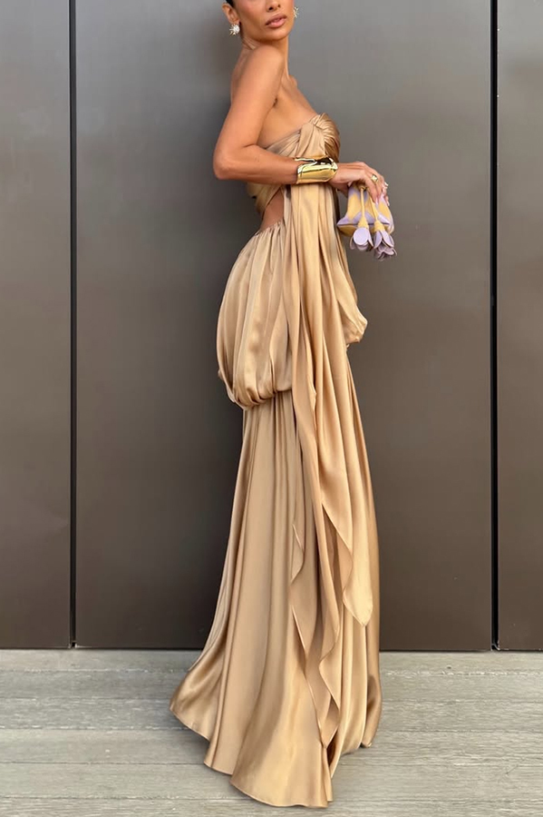Flowing Fantasy Satin Pleated Bubble Design Strapless Drape Maxi Dress-consonak