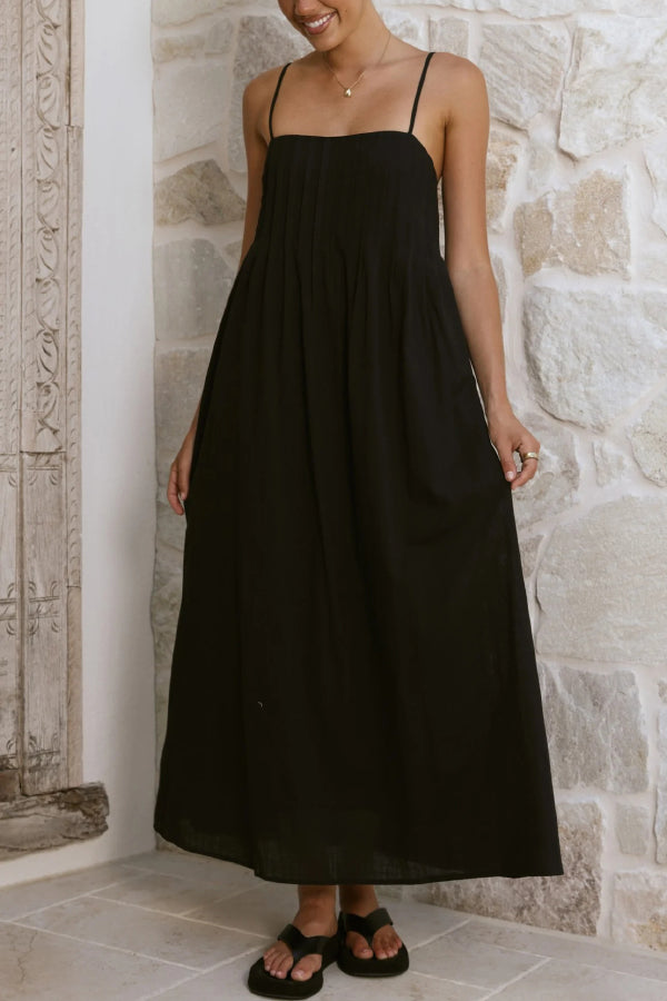 Solid Color Pleated Square Neck Suspender Casual Midi Dress