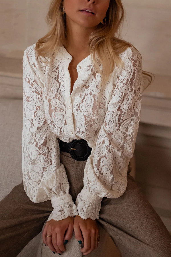 Fashionable Lace Long-sleeved Casual Button-down Shirt-consonak
