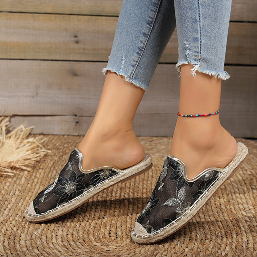 Casual Linen Woven Flat Round Toe Half Slippers-consonak