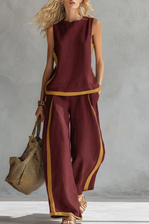 Linen Blend Color-blocked Round Neck Sleeveless Loose Top and Elastic Waist Casual Pocket Wide-leg Pants Set