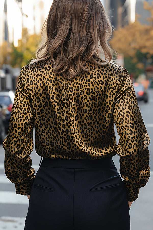 Leopard Print Satin Long-sleeved Casual Shirt-consonak