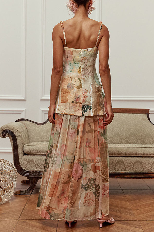Catalana Linen Blend Artistic Printed Bead Detail Pleated Hem Maxi Dress-consonak