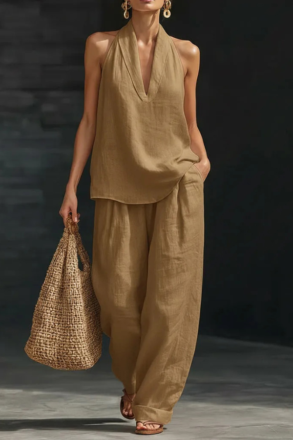 Linen Blend Solid Color V-neck Sleeveless Loose Top and Elastic Waist Casual Pocket Pants Set-Consonak