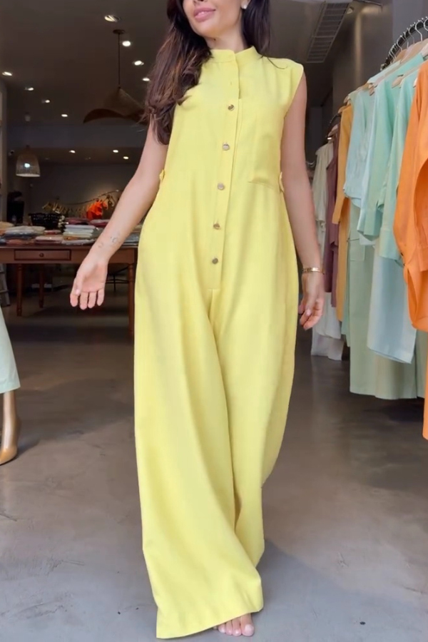 Linen Blend Solid Color Sleeveless Casual Button Loose Wide-leg Jumpsuit