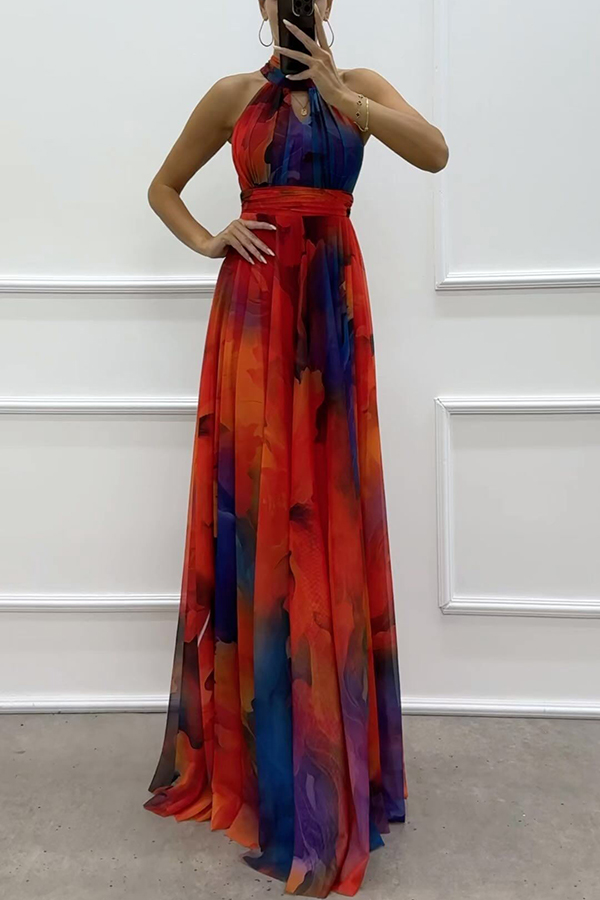 Elaine Tulle Floral Splash Print Cutout Halter Tie-up Neck Gown Maxi Dress-consonak