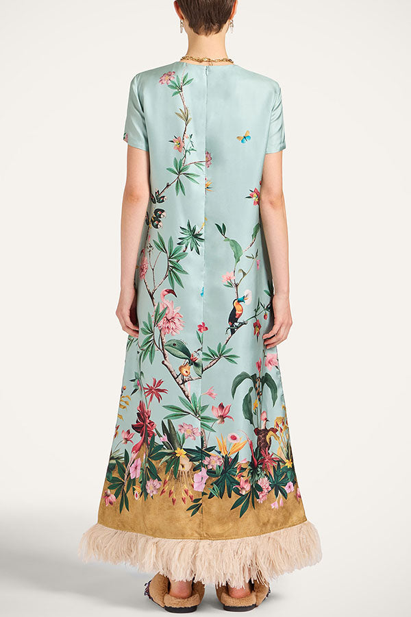 Mezcal Satin Floral Print Contrast Color Printed Short Sleeve Pocket Feather Trim Maxi Dress-Consonak