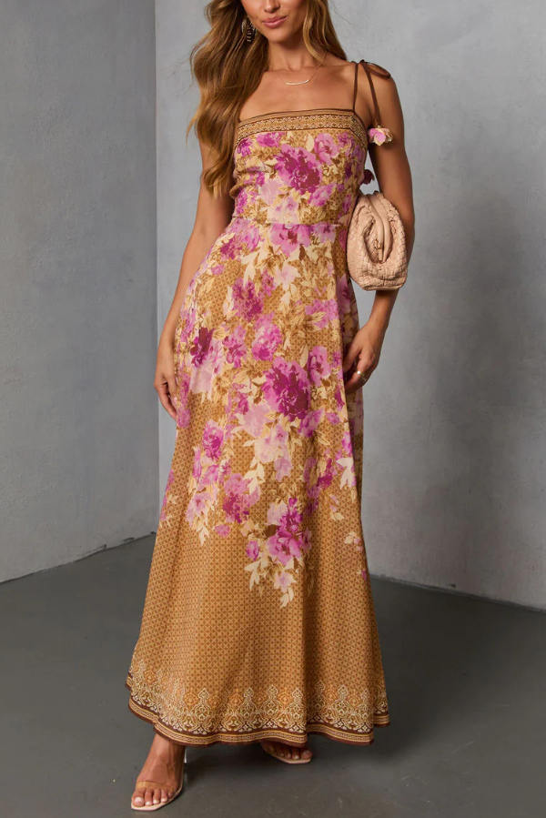 Fashionable Floral Print Square Neck Casual Vacation Maxi Dress