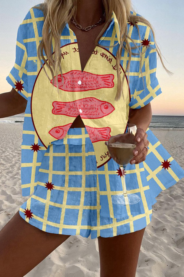 Checkered Fish Print Loose Button Elastic Waist Shorts Set-consonak