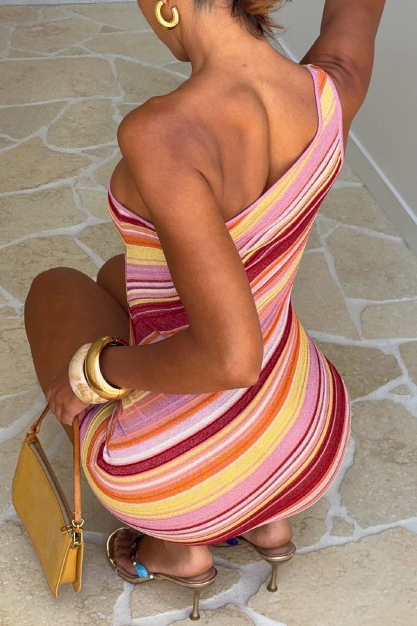 Hot Summer Girls Knit Striped Metal Beaded One Shoulder Stretch Mini Dress