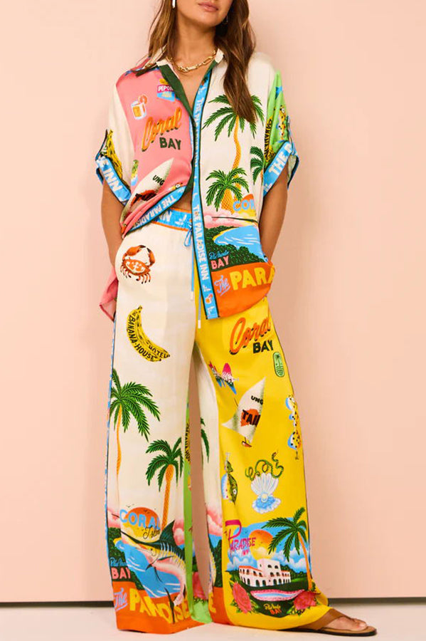 Kissed By The Sun Satin Unique Print Colorblock Elastic Waist Pocketed Wide Leg Pants | Consonak
