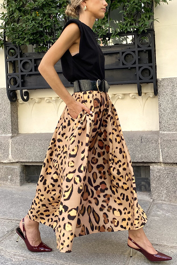 Stylish Leopard Print Elegant Large Hem Maxi Skirt-consonak