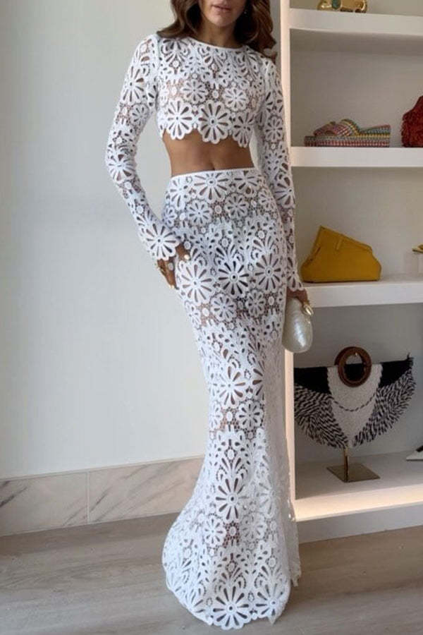 Balmy Summers Crochet Lace Floral Pattern Elastic Waist Fishtail Vacation Maxi Skirt-consonak