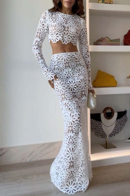 Balmy Summers Crochet Lace Floral Pattern Elastic Waist Fishtail Vacation Maxi Skirt-consonak