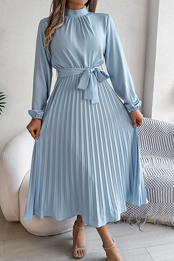 Elegant Stand-collar Long-sleeve Waisted Tie-up Pleated Midi Dress-consonak