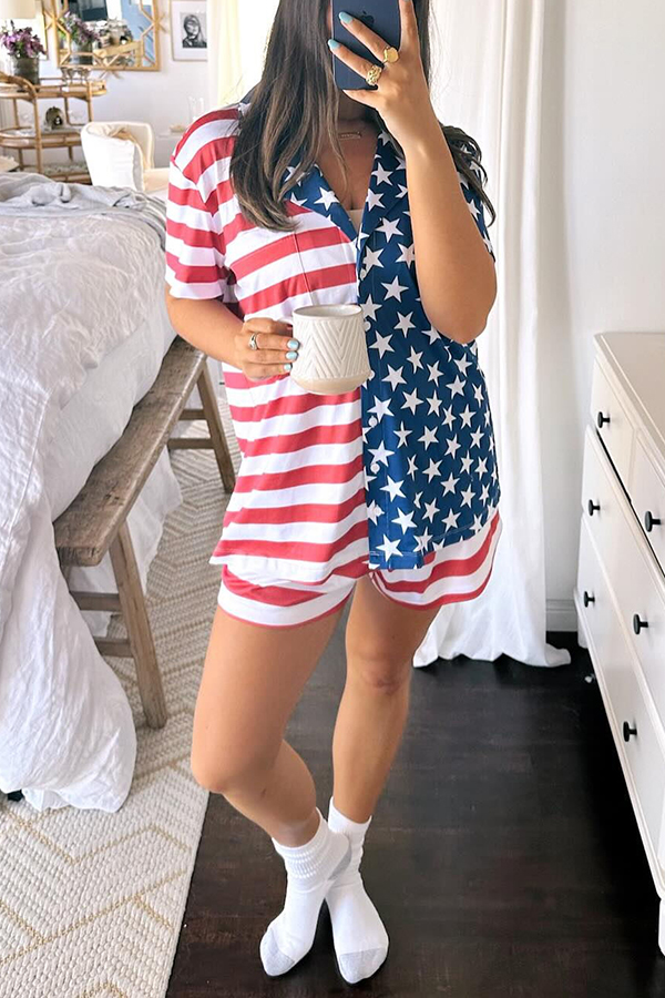 Summer Adventures Unique Print Pocket Loose Shirt and Elastic Waist Shorts PJ / Vacay Set-consonak