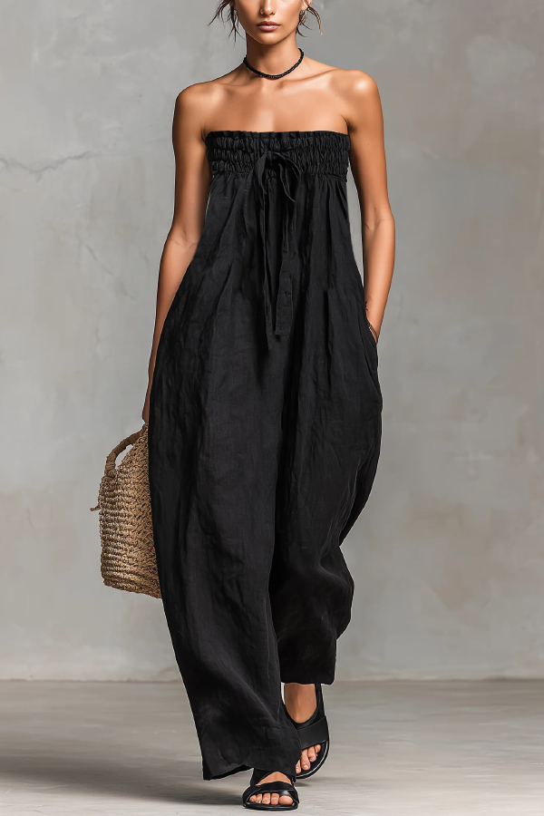 Linen Blend Sleeveless Off-shoulder Pleated Drawstring Loose Pocket Jumpsuit | Consonak