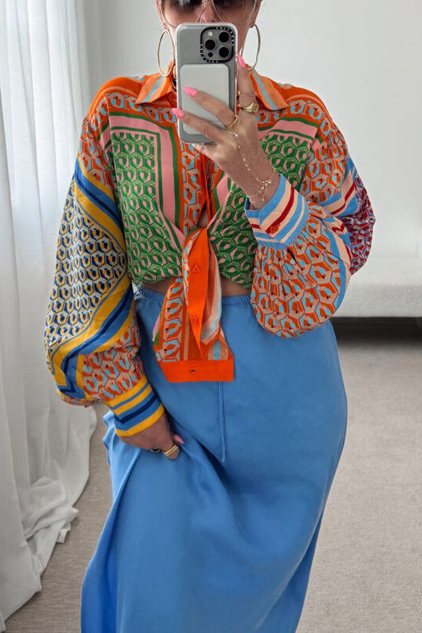 Brazil's Joyful Spirit Colorful Unique Print Balloon Sleeve Button Loose Shirt-consonak