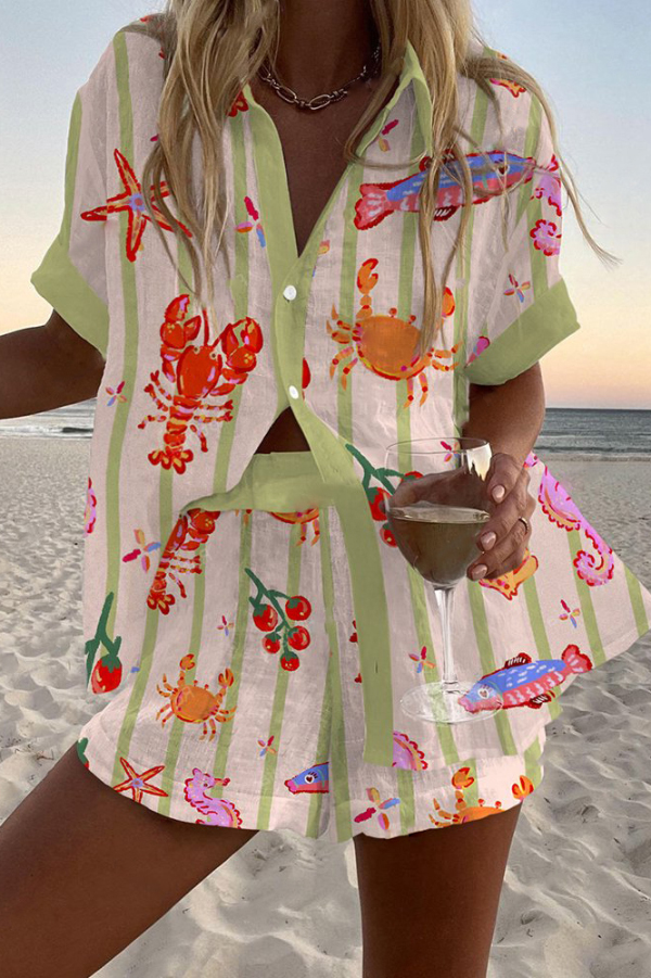 Lobster and Crab Print Loose Button Elastic Waist Shorts Set | Consonak